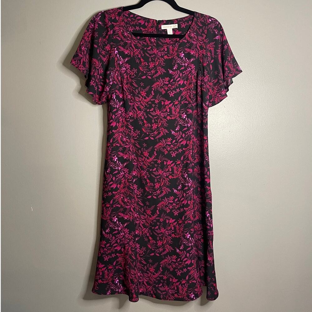 Westport 1962 Size 6 Midi Dress Fitted Black Floral Flutter Short Sleeve 90s